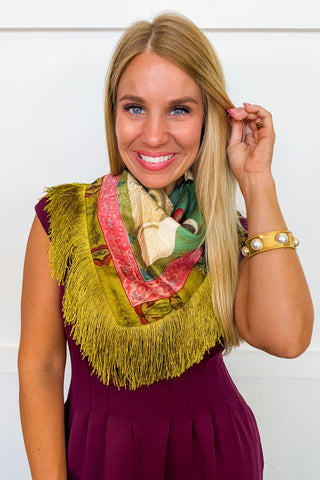 The Dolly Square Fringe Scarf in Garden Crane