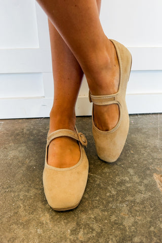 The Mya Suede Mary Jane Flat in Sand