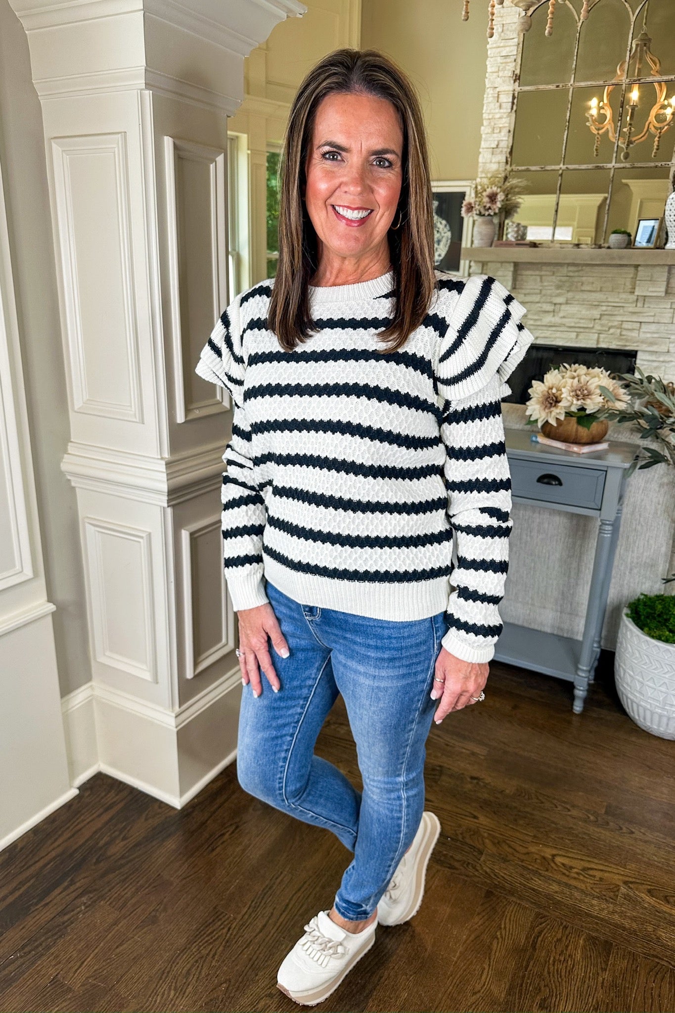 Black & Ivory Scallop Striped Double Ruffle Sleeve Sweater