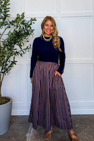 Sunday Style Stripe Midi Dress in Navy & Mauve