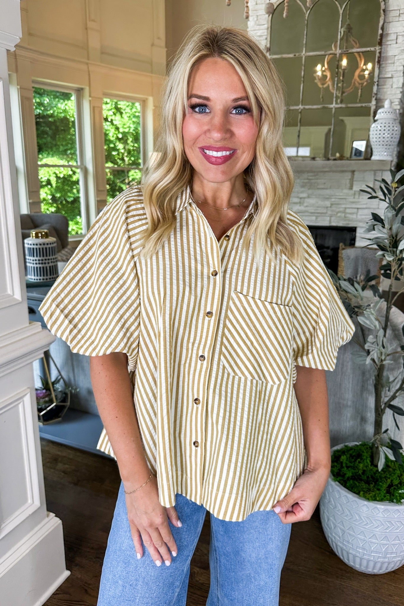 Mustard Pin Stripe Bubble Sleeve Button Down Top