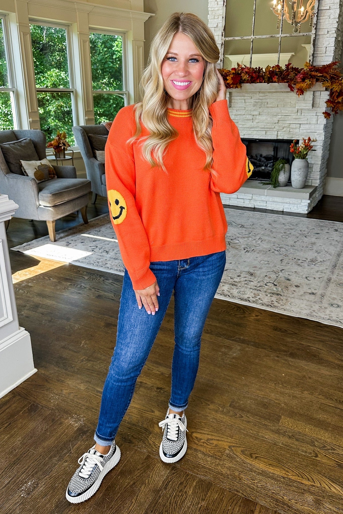 Smiley Elbow Patch Sweater in Orange by THML