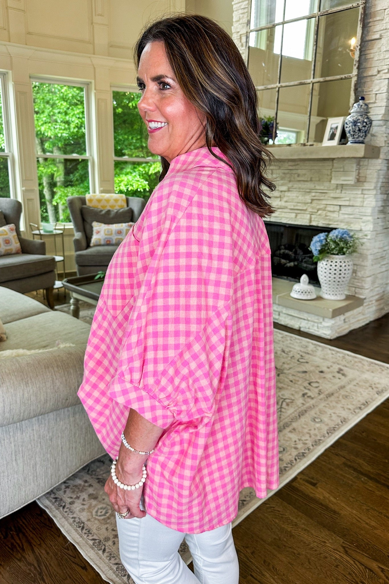 Peach Pink Gingham Button Down Poncho Top