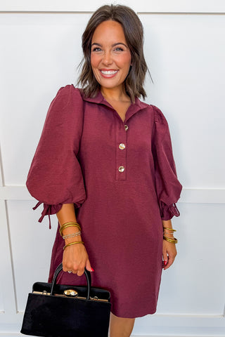 The Madeline Tie Sleeve Shift Dress in Merlot