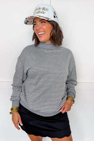 Double Take Reversible Dot & Stripe Mock Neck Pullover in Grey & White