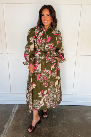 Retro Olive Bloom Midi Dress