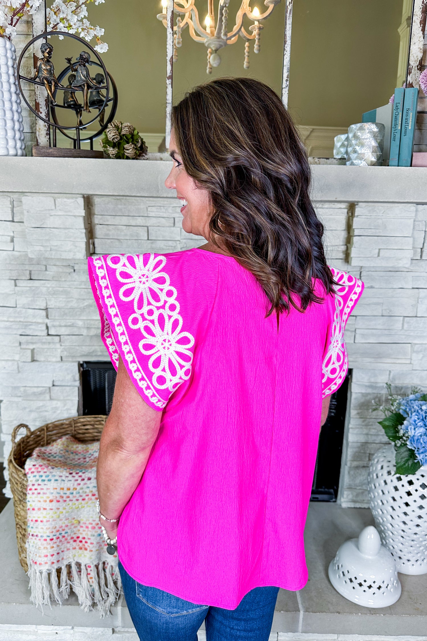 Embroidered Floral Sleeve Pink Shift Top