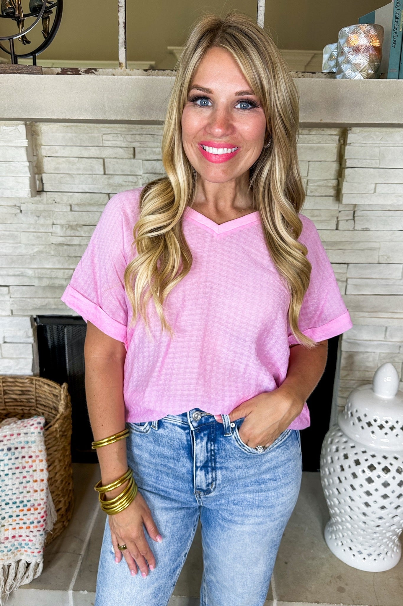 Textured V Neck Not-So-Basic Top in Pink