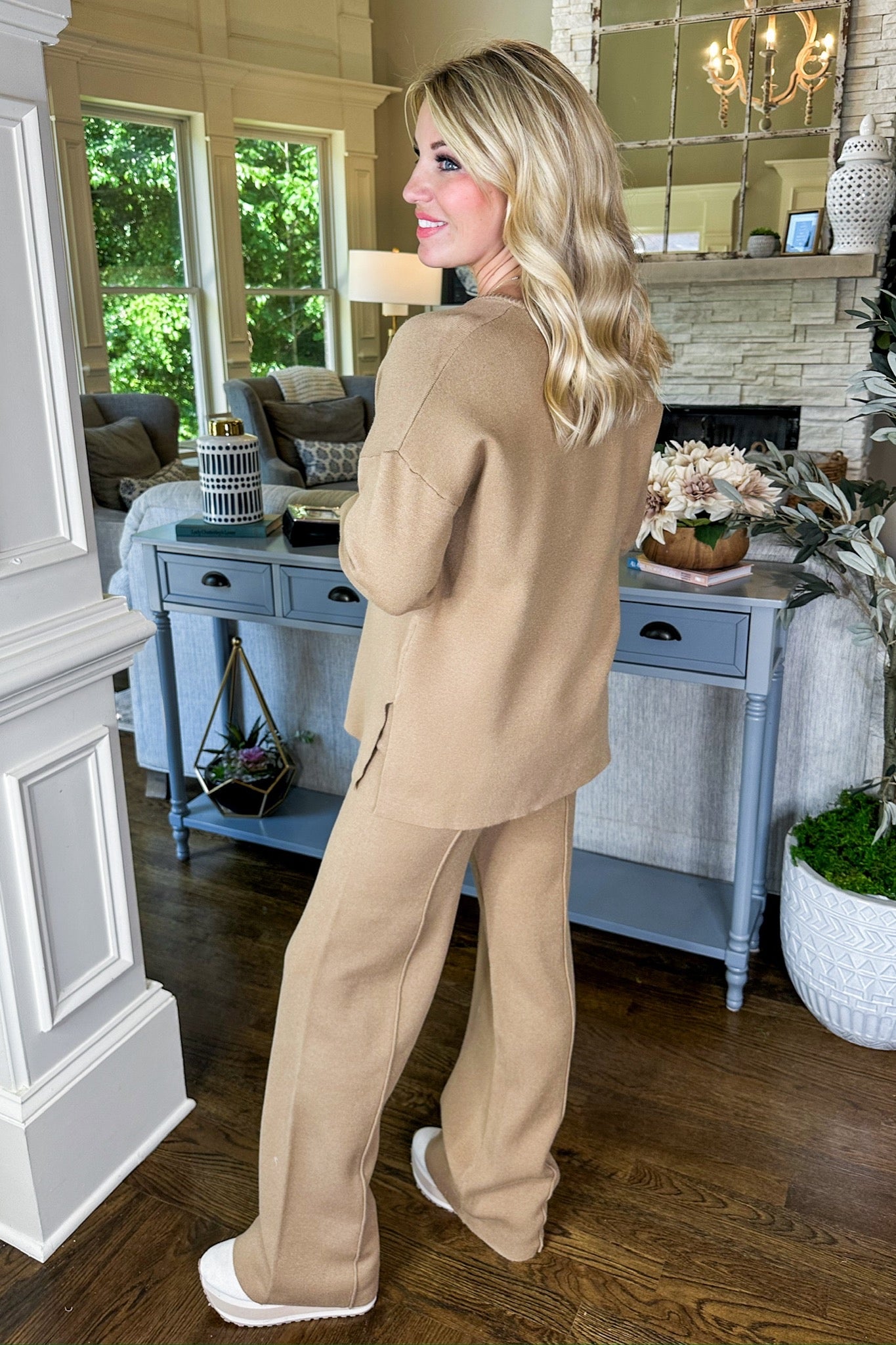 Tan V-Neck Viscose Sweater Top &  Exposed Seam Pants Set