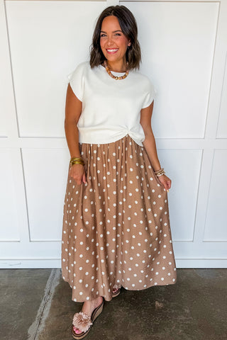 Polka Dot Two-way Midi Dress + Sweater Set in Cream & Tan