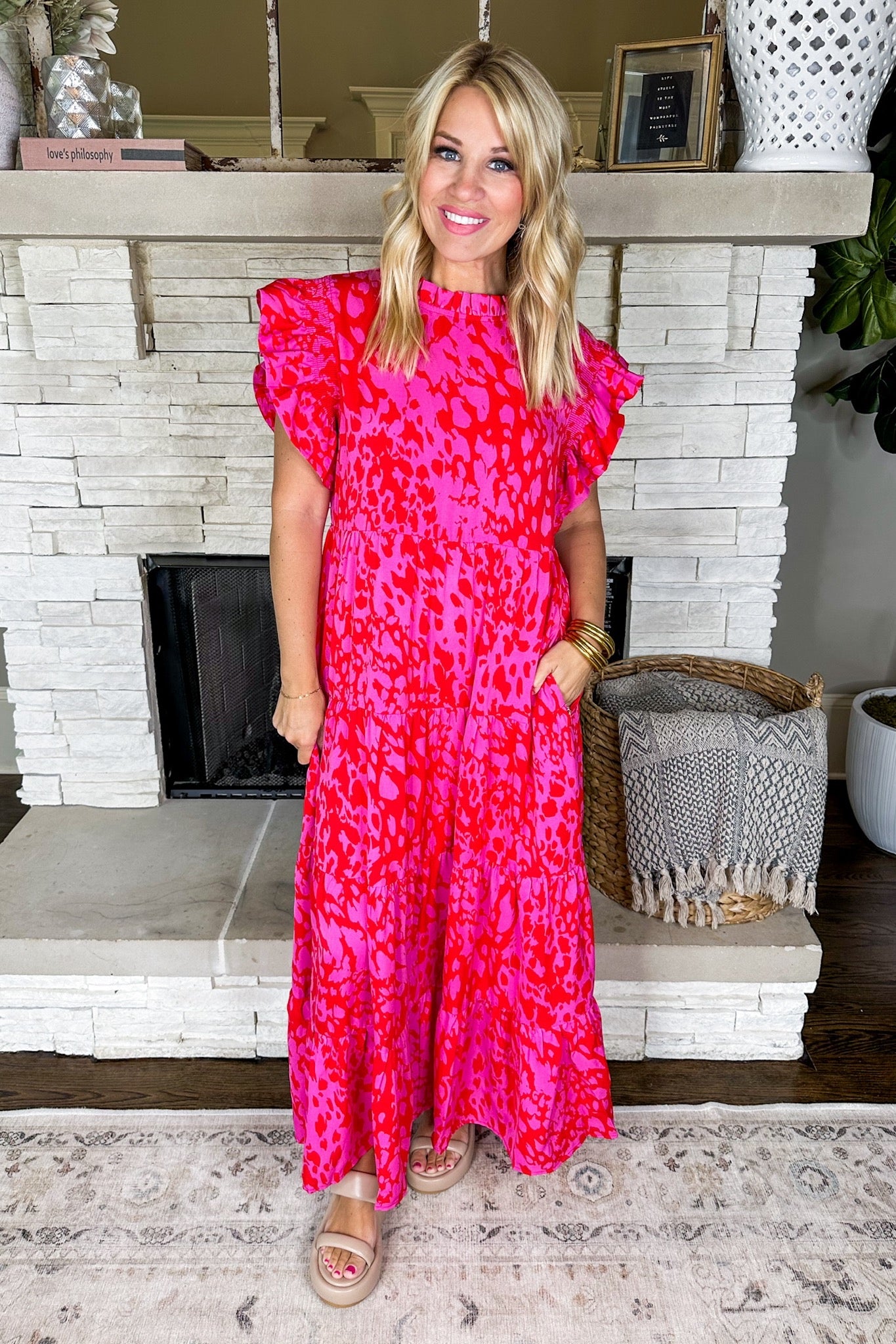 Abstract Animal Print Tiered Midi Dress in Pink & Red