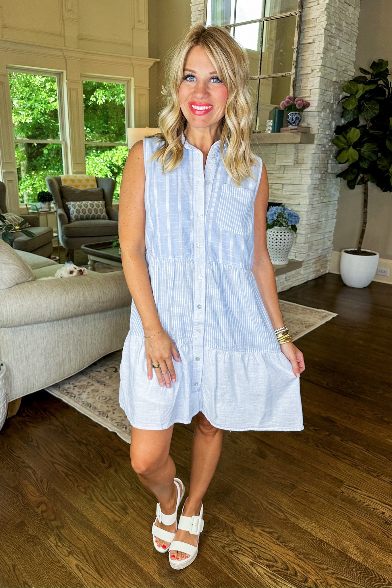 Multi Pin Stripe Button Down Collared Tiered Chambray Dress