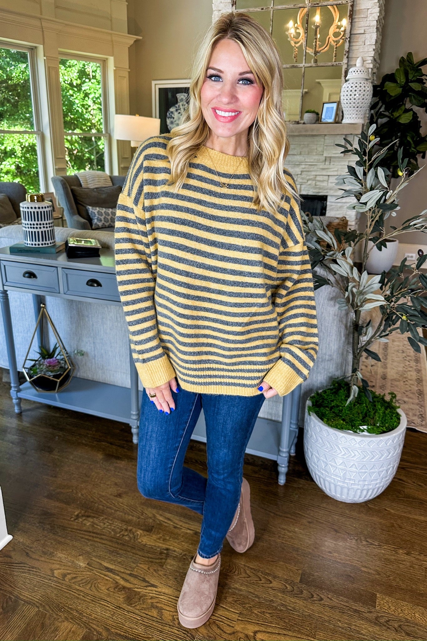 Cozy Knit Grey & Mustard Yellow Striped Sweater