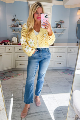 Oopsie Daisy Tie Front Crochet Cardigan in Yellow