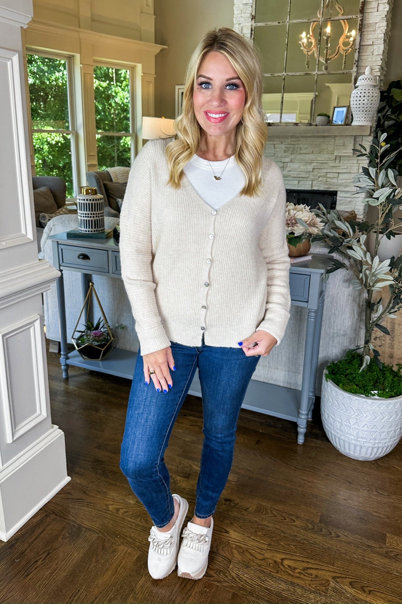 Cozy V-Neck Button Down Knit Sweater in Oatmeal