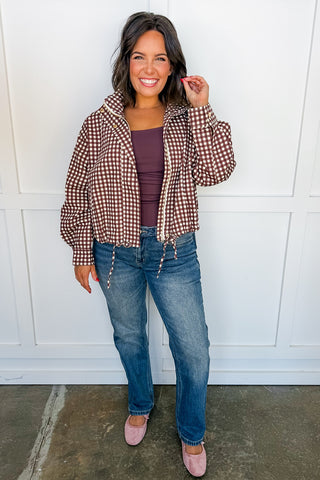 The Hadley Drawstring Pullover Jacket in Brown Gingham