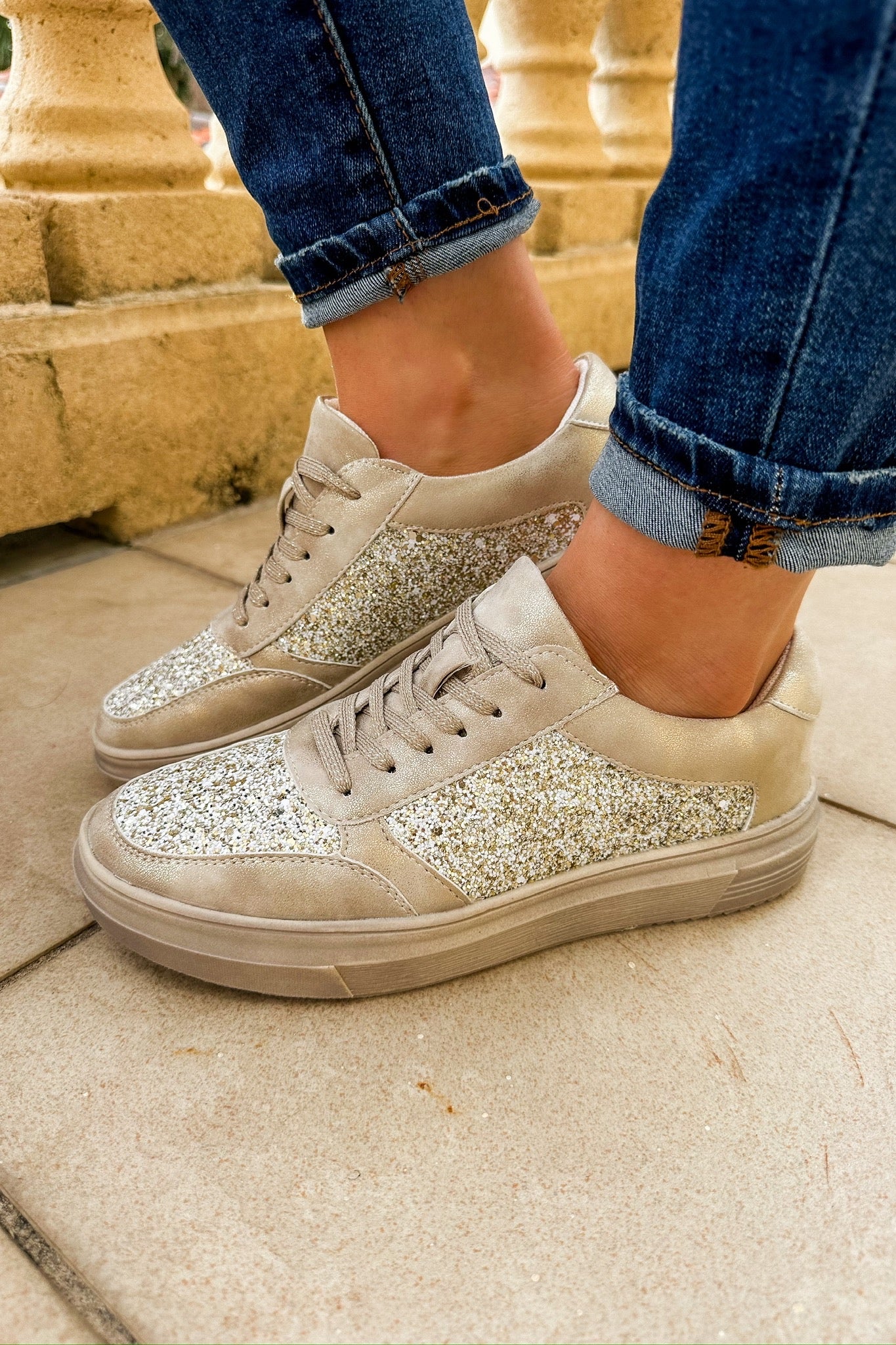 Gold Metallic Leather Sparkle Sneaker by Corkys