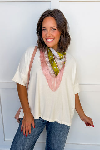 The Dolly Fringe Scarf in Blush & Olive Vintage Stripe