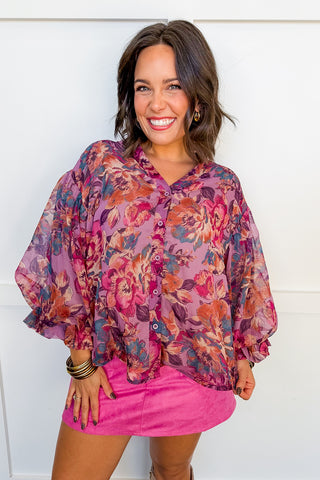 Watercolor Hour Floral Top in Dusty Mauve