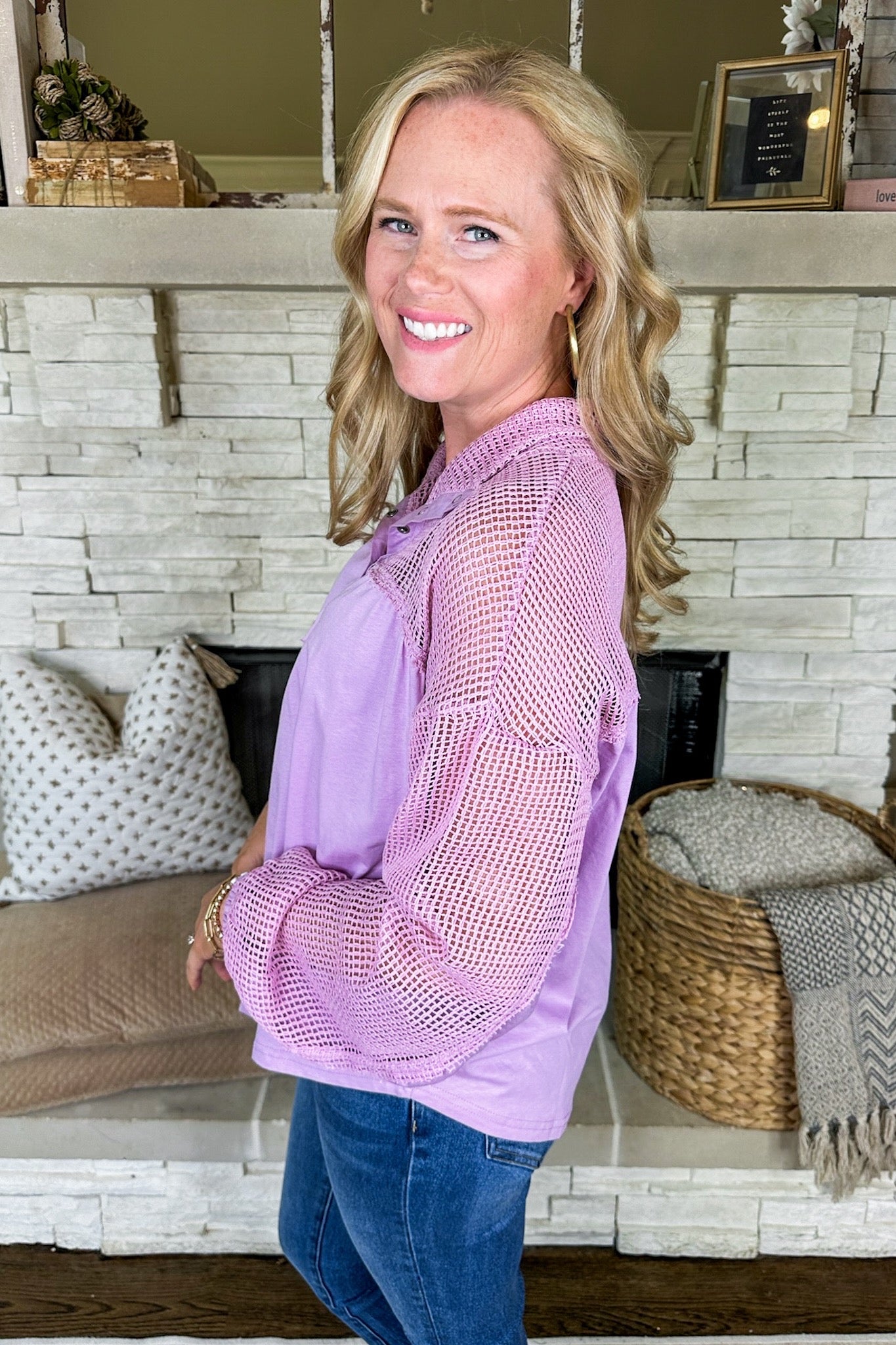 Open Knit Sleeve Quarter Button Lilac Top