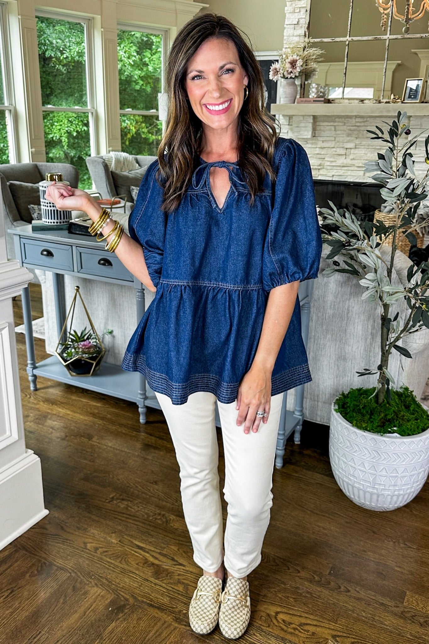 Tie Neck Bubble Sleeve Dark Denim Tiered Top