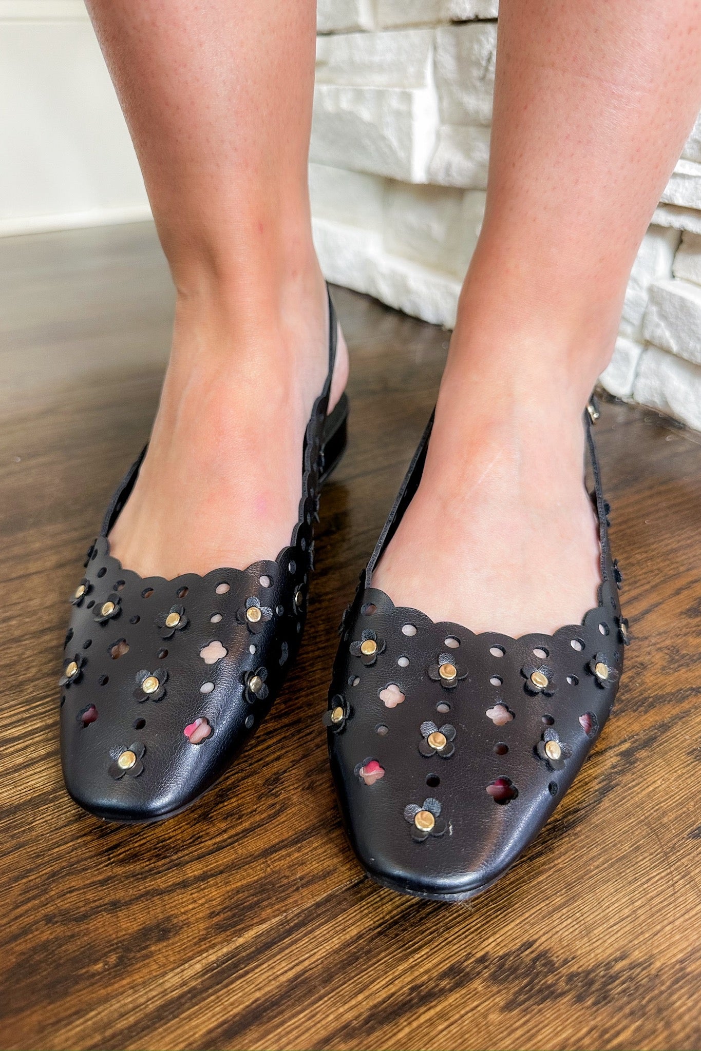 The Coco Black Flower Eyelet Scallop Trim Slingback Flat