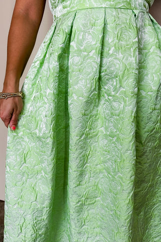 V Neck Floral Jacquard Fit & Flare Lime Green Midi Dress