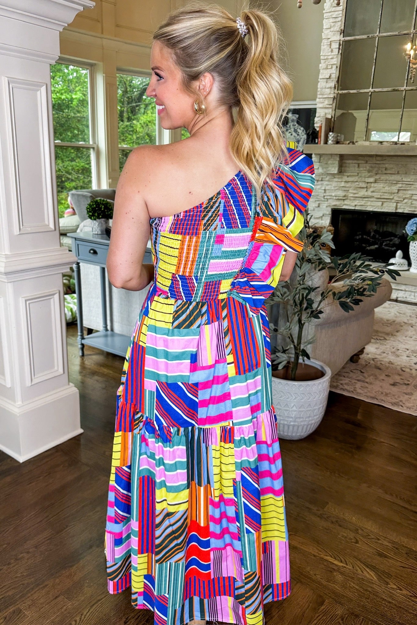 One Shoulder Ruffle Abstract Striped Maxi Dress