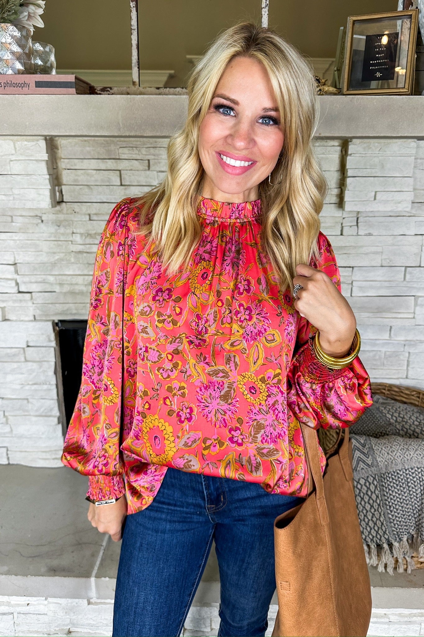 Satin Coral Smocked Sleeve Ruffle Neck Floral Top