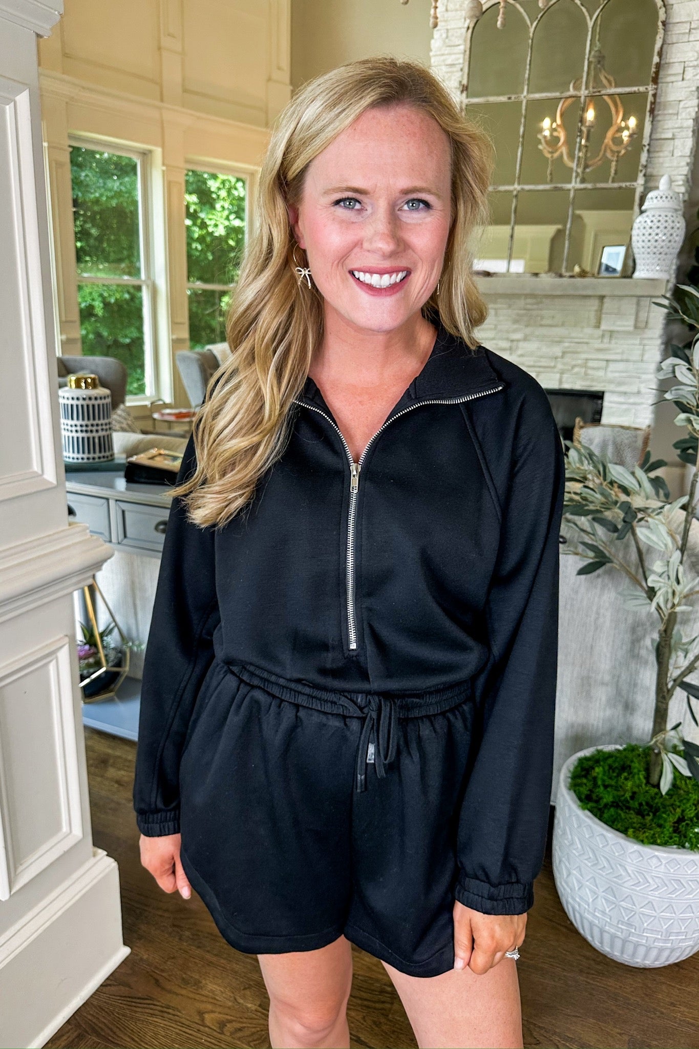 Buttery Soft Black Zip Up Pocketed Tulip Short Romper