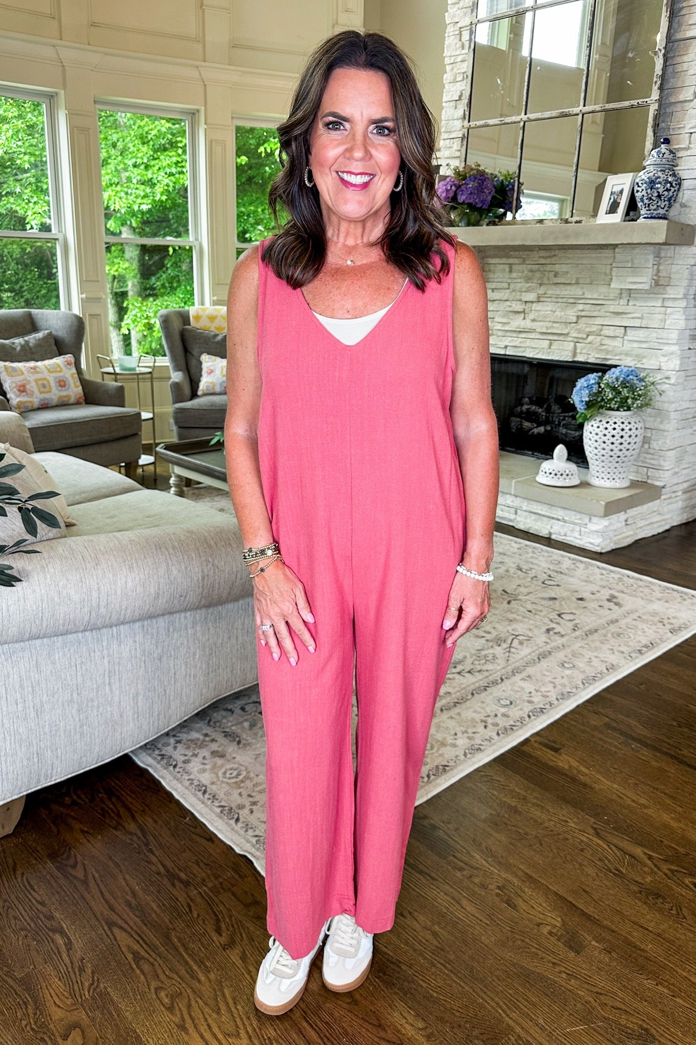 Pocketed Tank Top Linen Jumpsuit in Berry