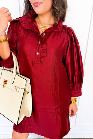 Fall In Line Ruffle Dress in Burgundy