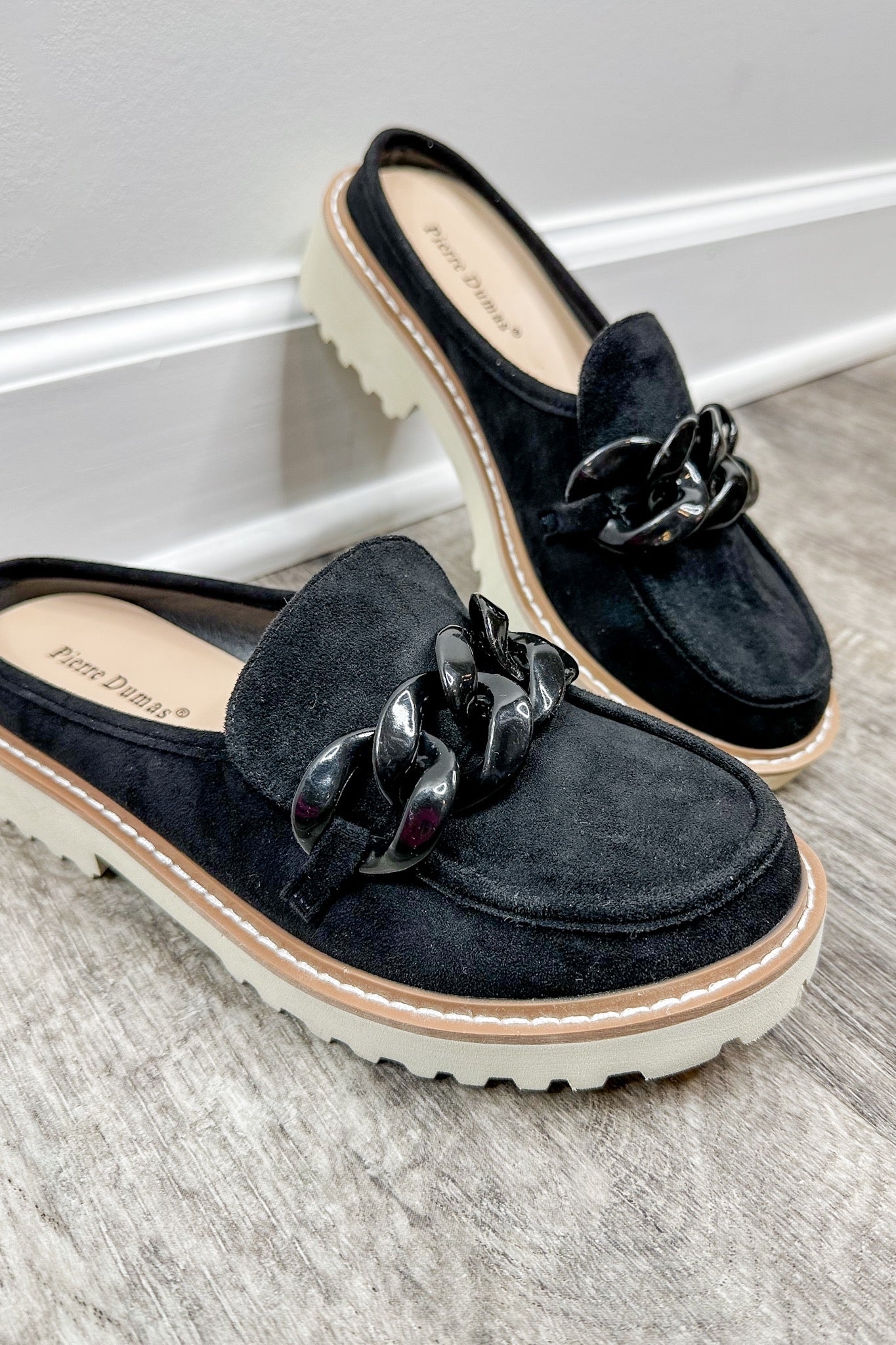 The Mora Suede Chunky Chain Backless Lug Sole Loafer in Black