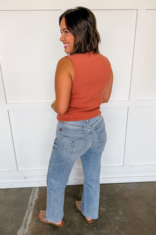Chic Mock Neck Sleeveless Top in Terracotta