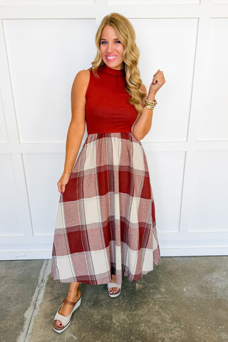 The Berkley Burgundy Plaid Midi Dress in Merlot