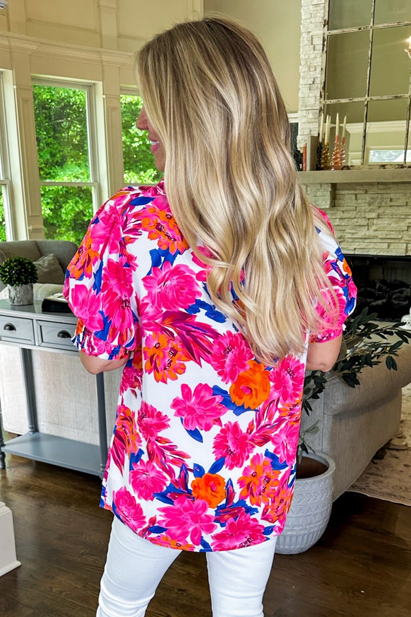 Magenta Tropical Floral Smocked Sleeve Collared Top