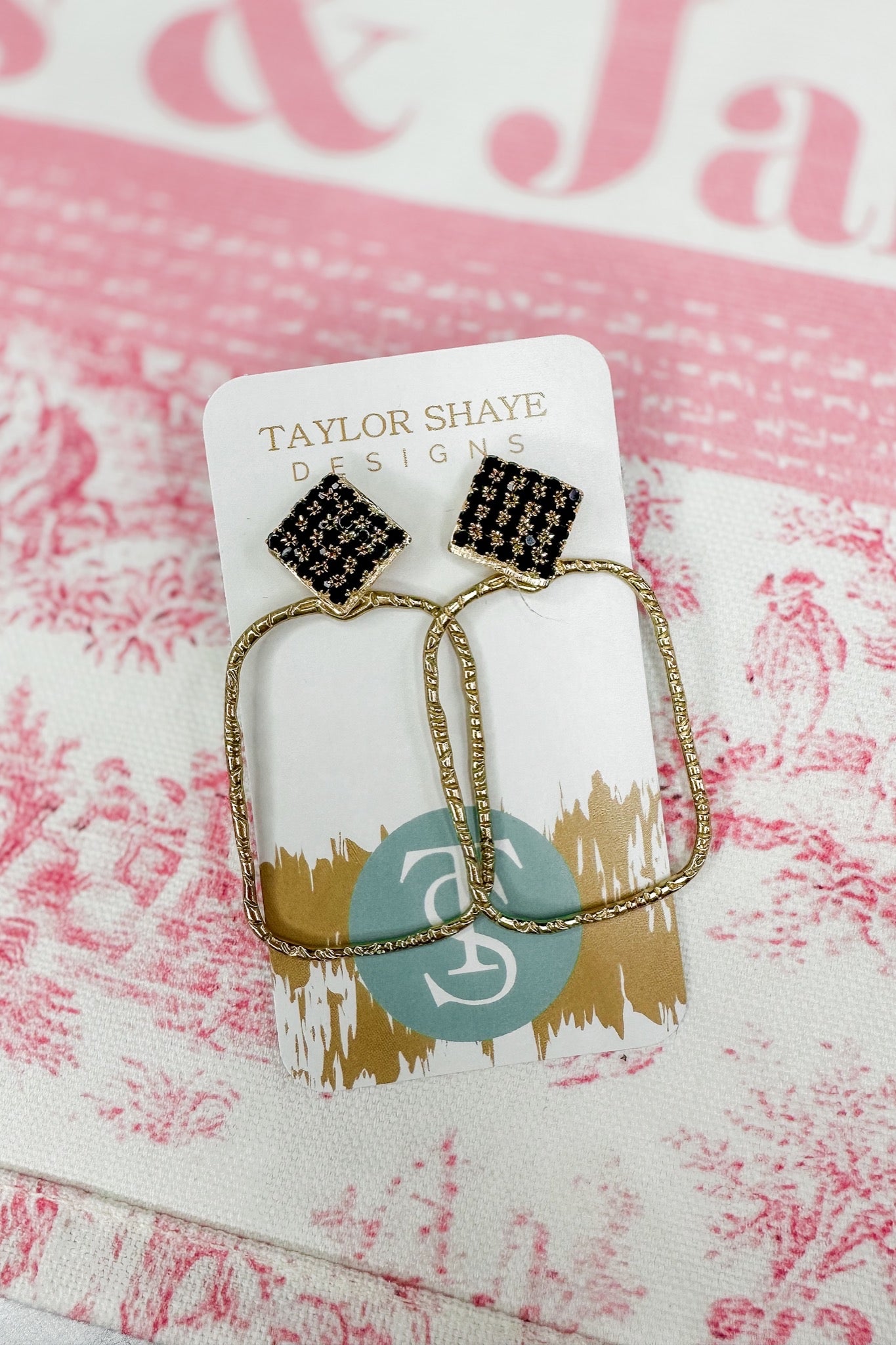 Jessie Black Rhinestone Gold Rectangle Hoop Earring by Taylor Shaye