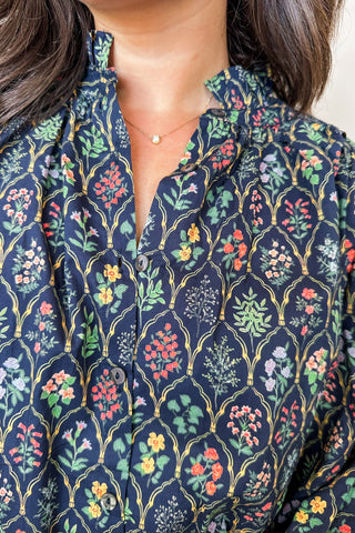 Navy Floral Patterned Long Sleeve Blouse