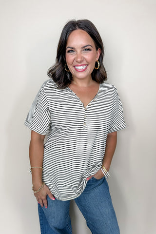 Striped Wooden Button Notch Neck Tee