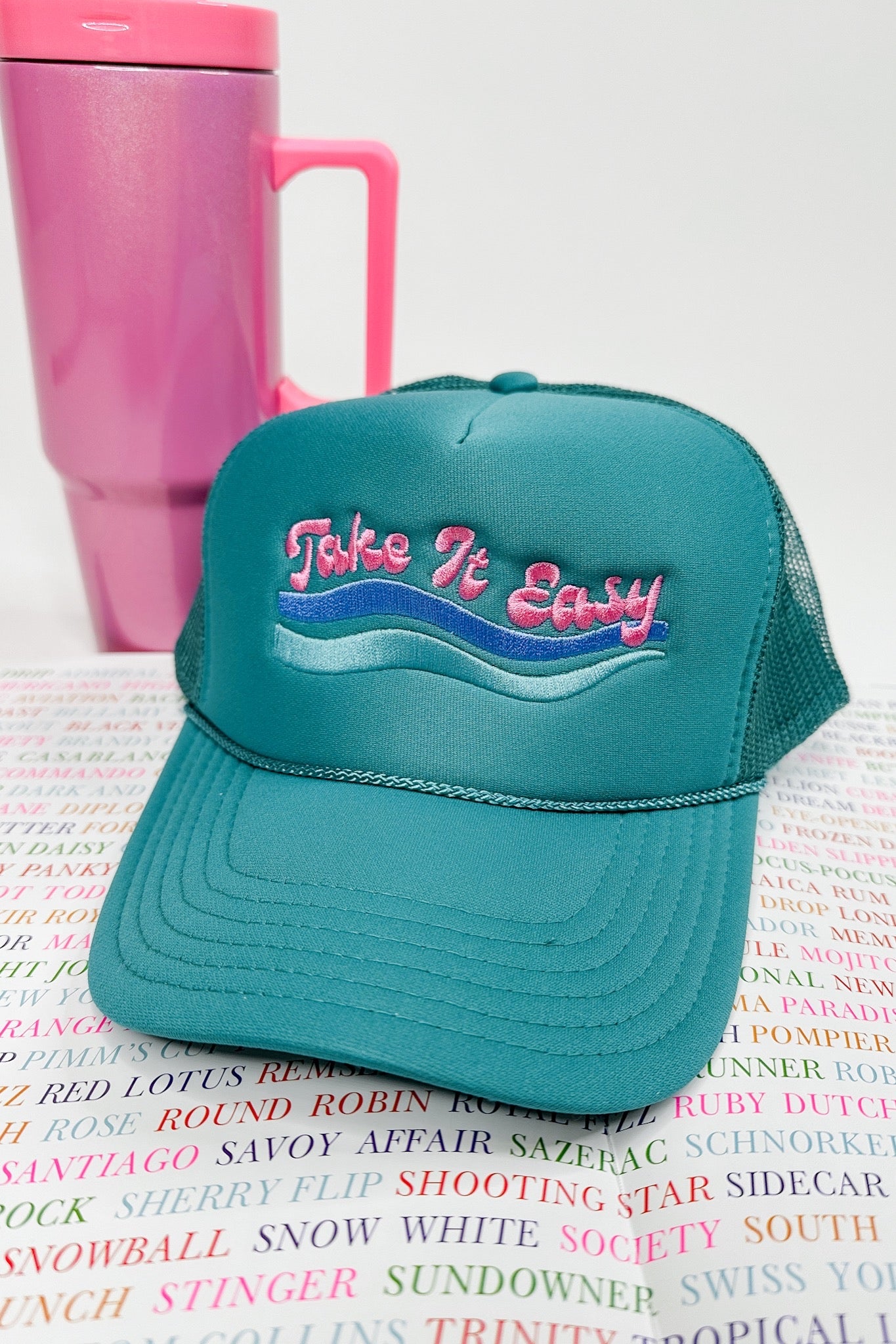 Take It Easy Embroidered Teal Trucker Hat
