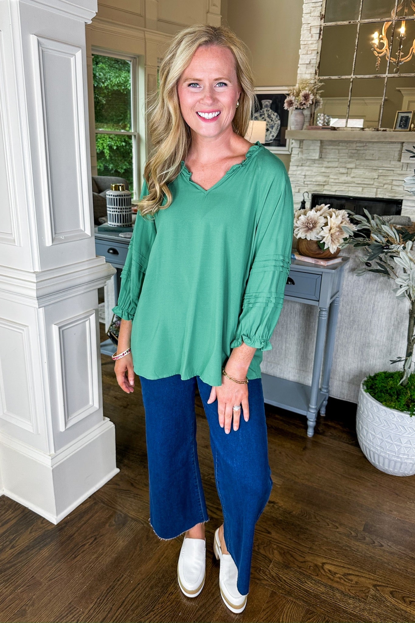 The Ginger Ruffle Details Notched Neck Top Kelly Green