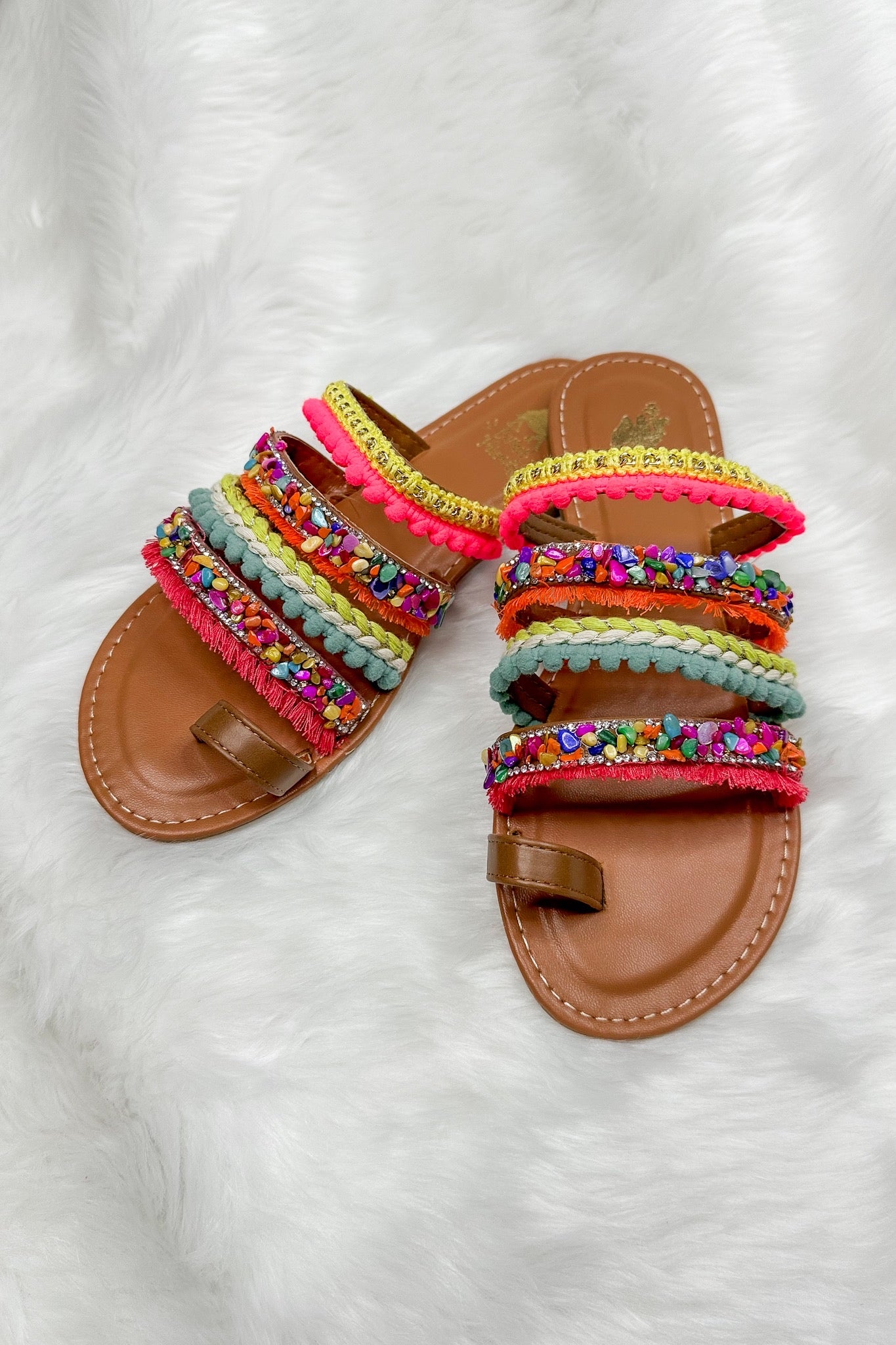 Multi Strap Boho Woven Studded Camel Threads Sandal in Rainbow