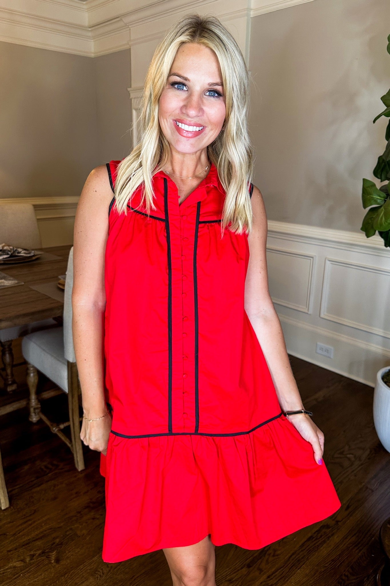 Button Down Collared Contrast Trim Dress in Red