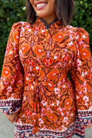 Wanderlust Border Print Mini Dress in Desert Salmon