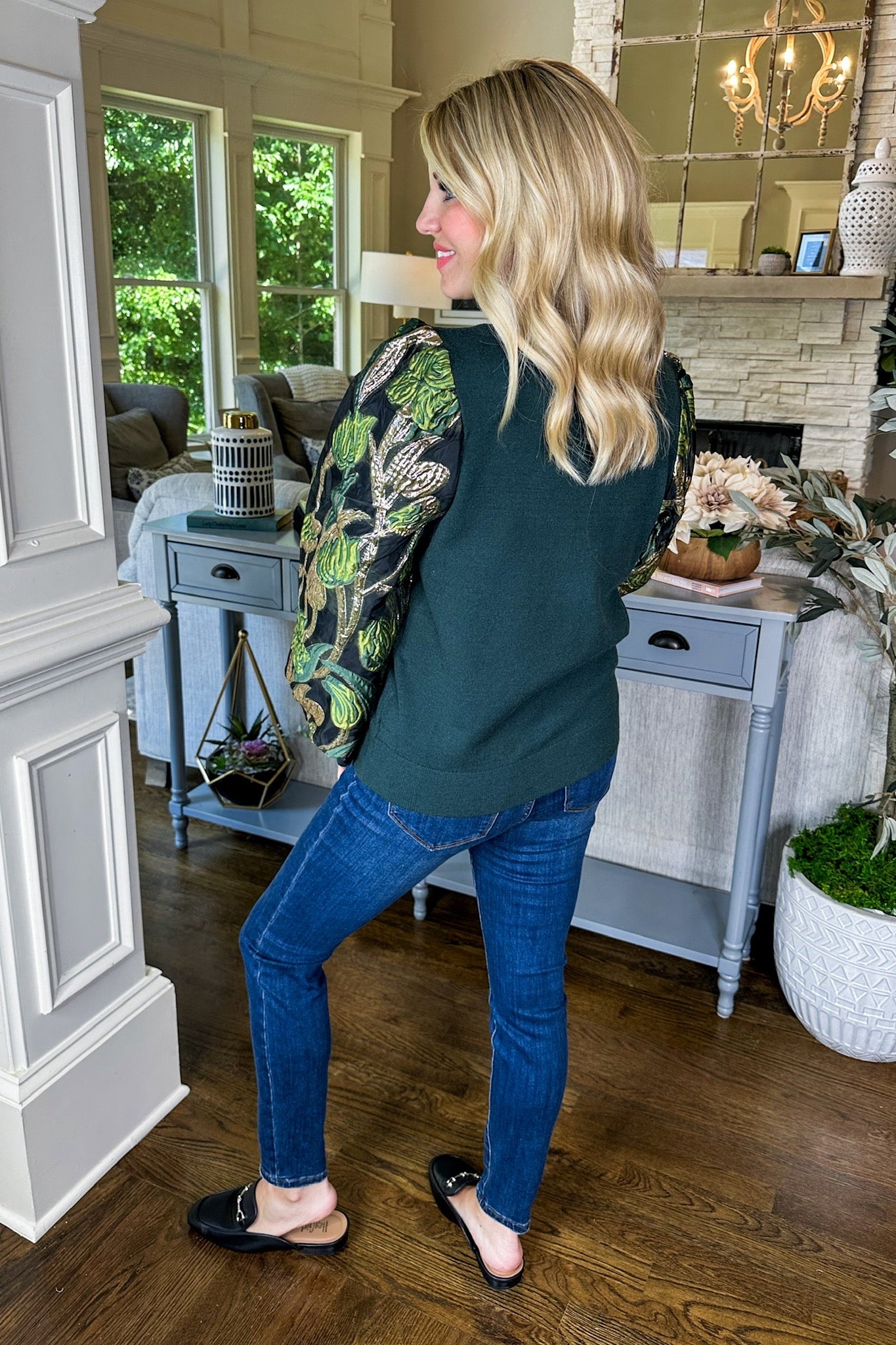 Elegant Lined Statement Floral Sleeve Sweater Top in Hunter Green