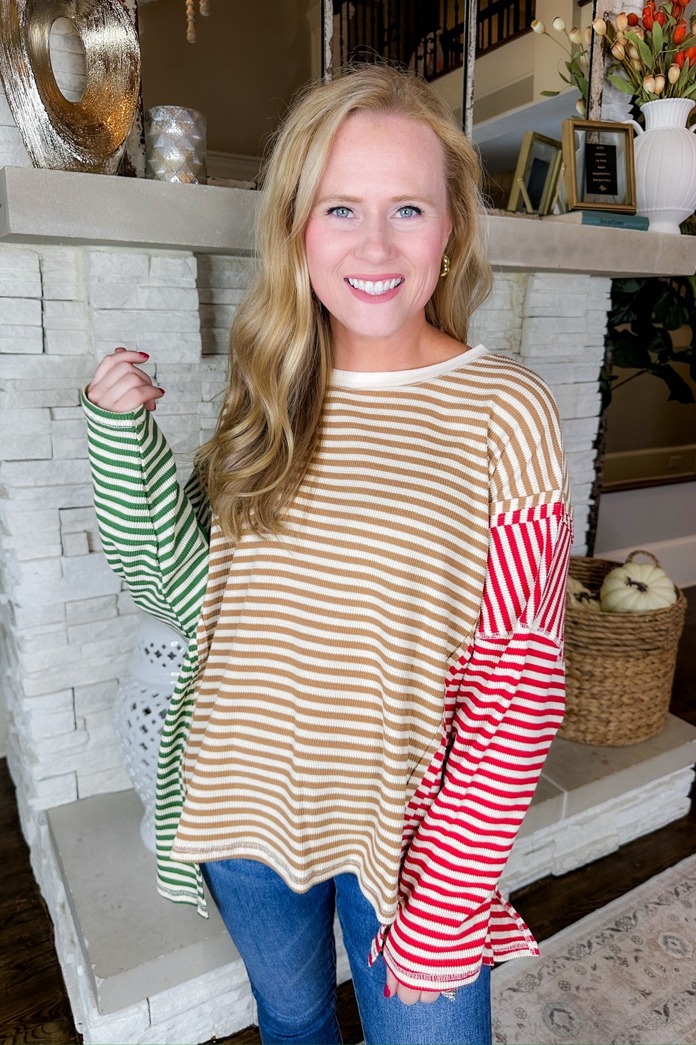 Oversized Green/Taupe/Red Striped Color Block Long Sleeve Top