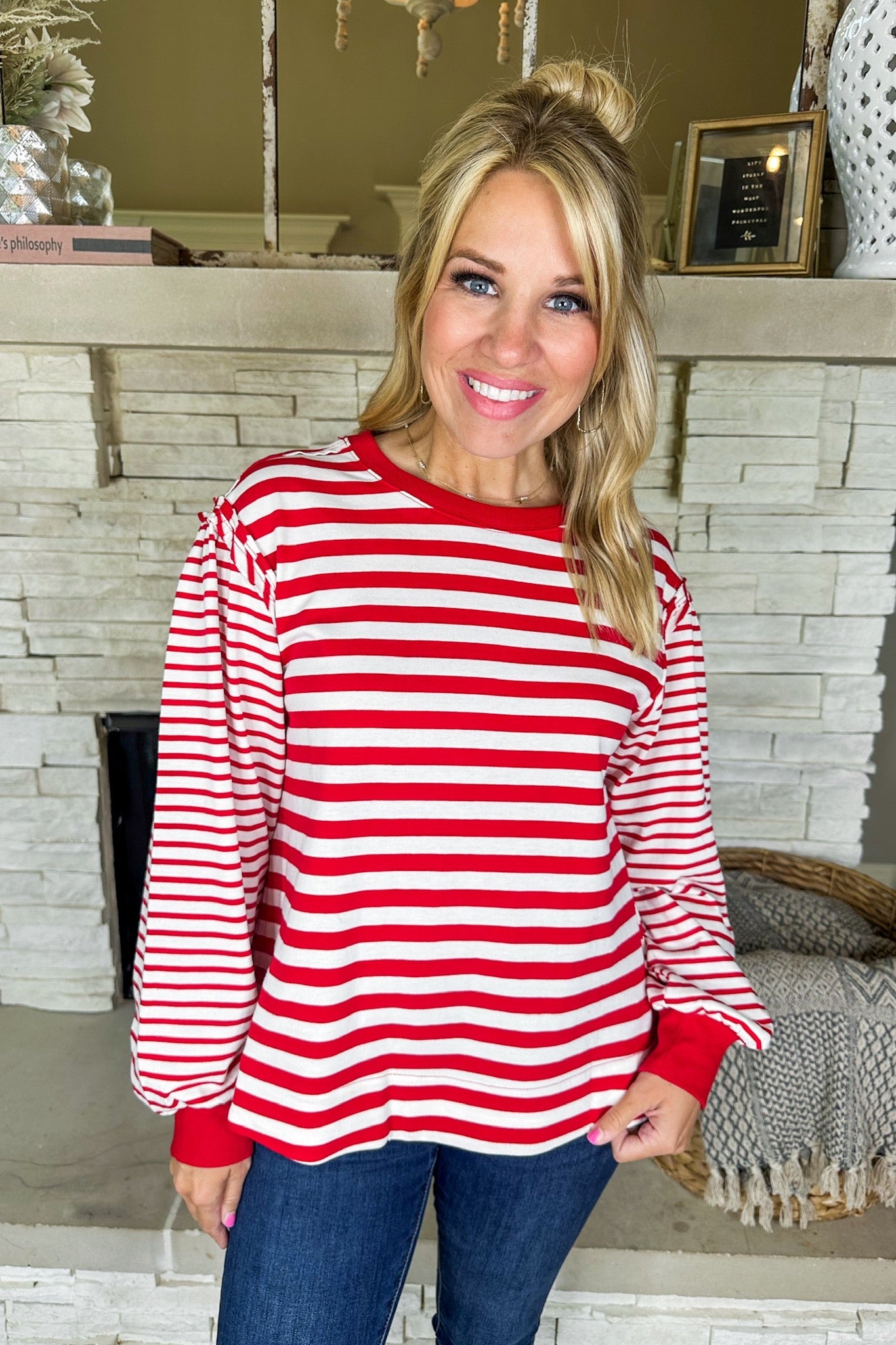 Exposed Seam Casual Stripe Long Sleeve Top in Red