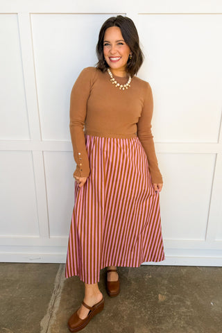 Sunday Style Stripe Midi Dress in Camel & Pink