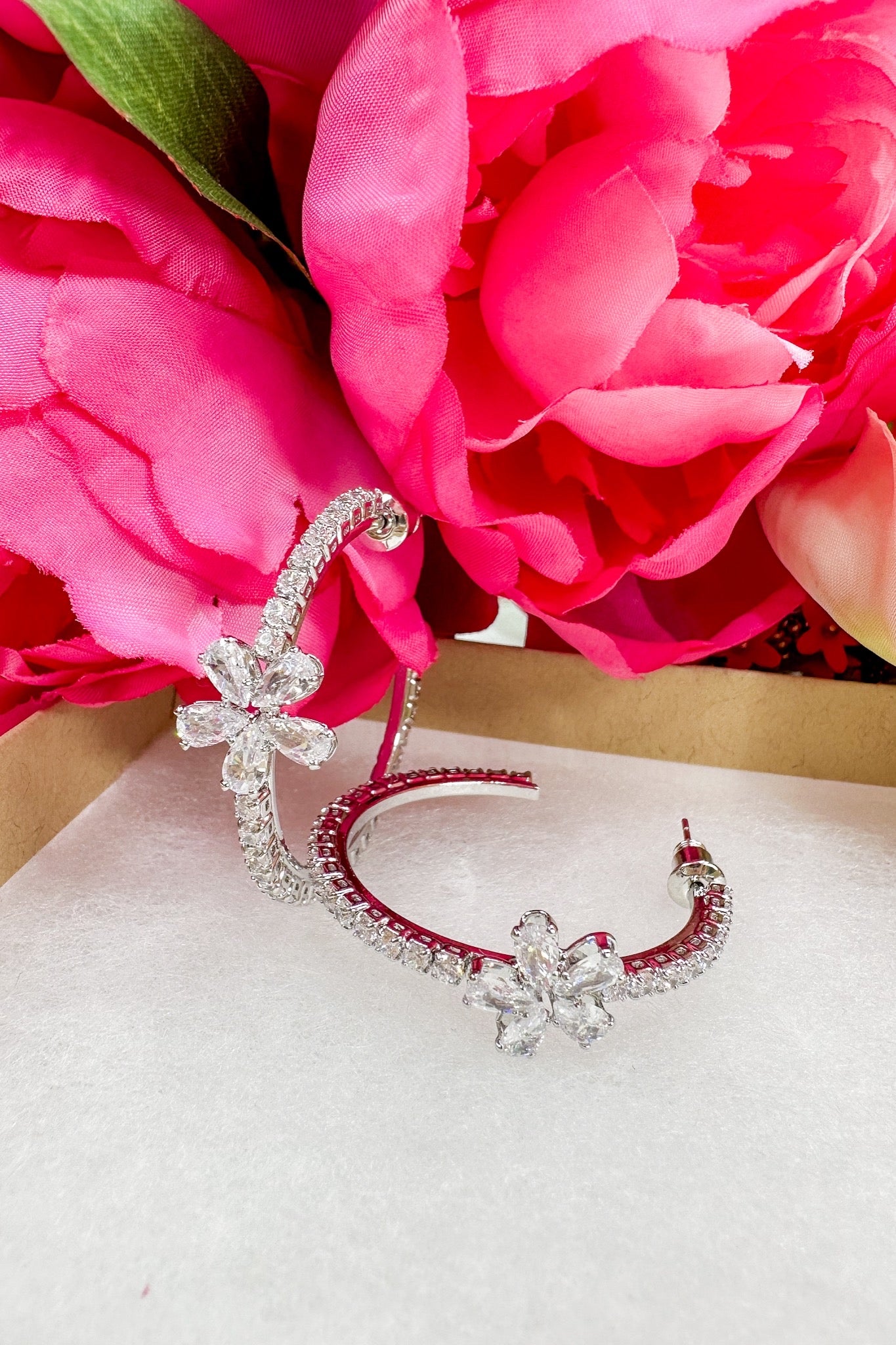 Crystal Flower Hoop Earrings in Silver by Treasure Jewels
