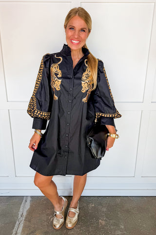 Wild At Heart Embroidered Shift Dress in Black